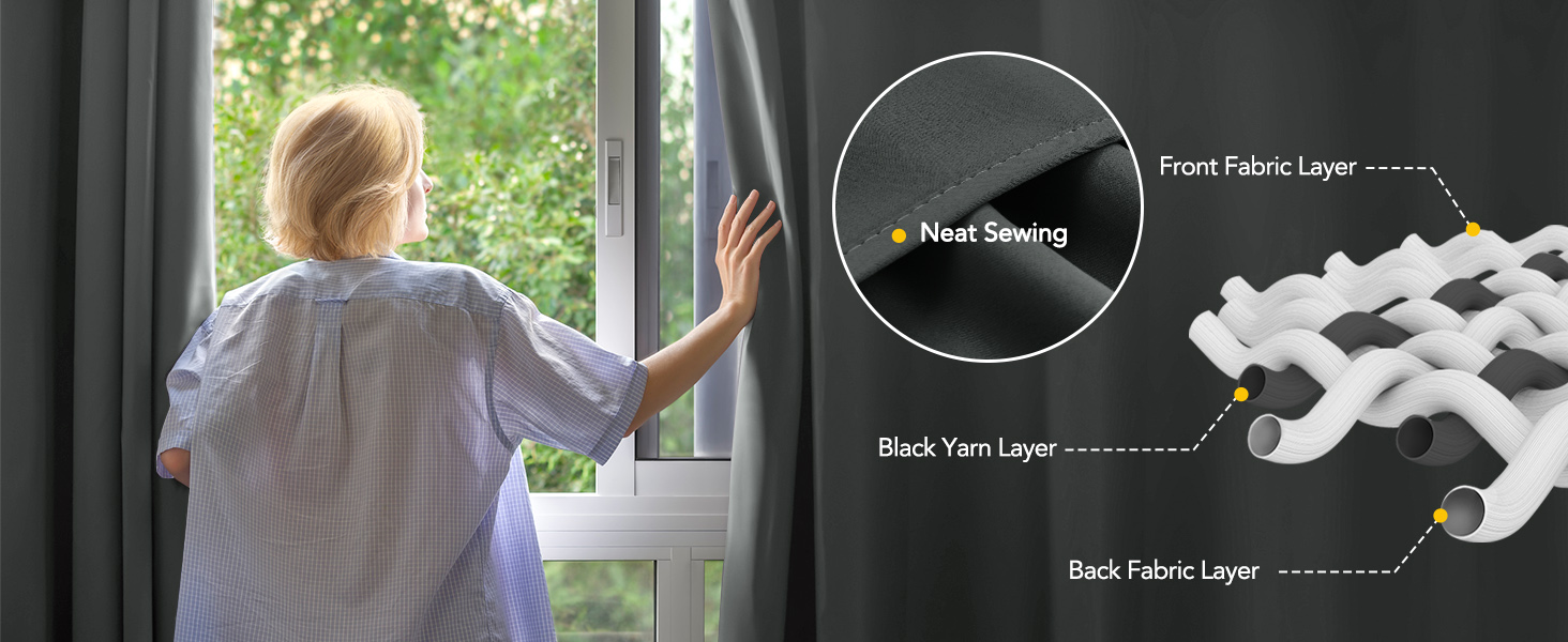 Split image showing curtain interaction and technical diagram of fabric layers with labeled components including front fabric, black yarn, and backing layers.