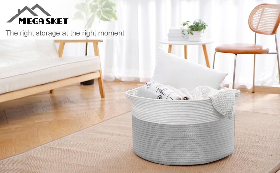 MEGASKET XXXL Large Cotton Rope Basket, 22" X 14" Blanket Basket Living Room, Kids