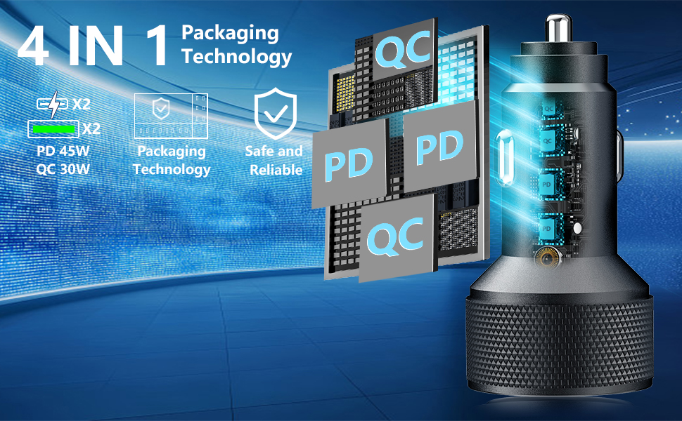 90W Dual USB-C & USB-A Car Power Cigarette Lighter 4-Port PD/QC3.0 Type C Car Carplay Fast Charger