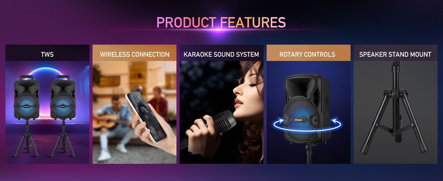 PRODUCT FEATURES, TWS/WIRELESS CONNECTION/KARAOKE SOUND SYSTEM/ROTARY CONTROLS/SPEAKER STAND MOUNT