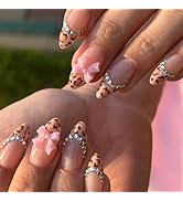 Almond Press on Nails Medium Fake Nails with Designs Bow Glue on Nails French False Nails Leopard...
