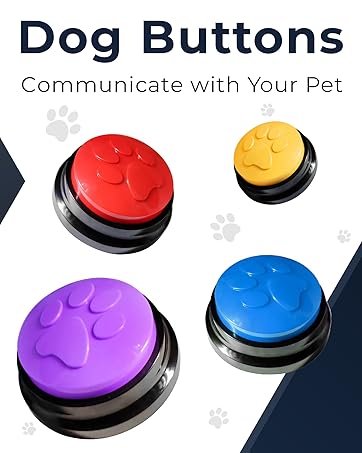 : cuatro botones coloridos con forma de pata (rojo, amarillo, morado, azul) sobre bases negras. Producto diseñado para la comunicación con mascotas. Gráficos de huellas de patas en segundo plano