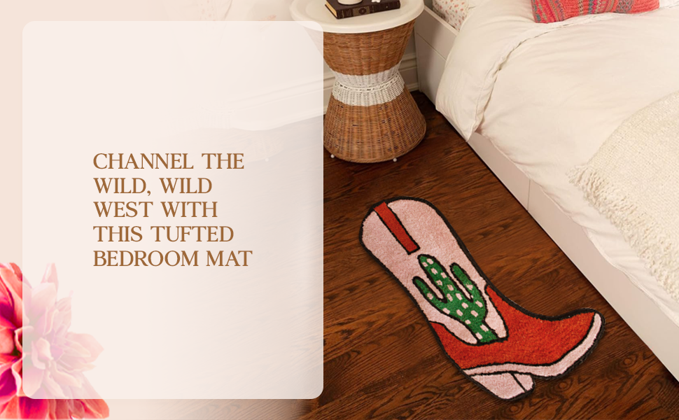 Cowboy Boot Bath Mat - 33" x 20" Western Boot Shaped Rug with Pink. Rust. and Green Cactus Design