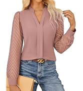 GRACE KARIN Women Business Casual Tops Sheer Lace Long Sleeve Blouses Work Office Pleated V Neck ...