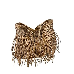 fringe tote bag, woven shoulder bag, boho beach bag, summer straw bag, rustic fashion bag