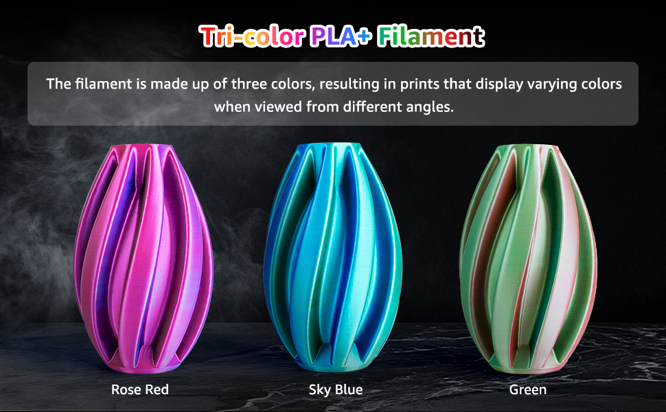 Silk Triple Color PLA+ 3D Printer Filament 1.75mm, No Tangle Shiny Filament Net Weight 250g Spool (0.55lbs), 3-in-1 Silk PLA Pro Plus, Rose Red+Sky Blue+Green 15 PLA silk tricolor