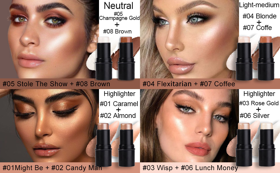evpct 2Pcs Face Cream Contour Stick Bronzer Stick Highlighter Stick Illuminator Makeup Glow Kit