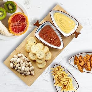 Ceramic Pinch Bowl with Bamboo Tray - Decorative Fish Shaped Chips and Dip Serving Dish Platters