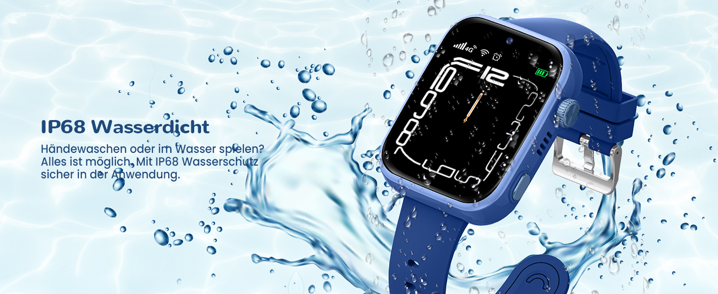 Der Text lautet 'IP68 wasserdicht'. Das Produkt wurde in einer Umgebung mit Spritzwasser gezeigt und weist seine wasserdichte Eigenschaften auf.