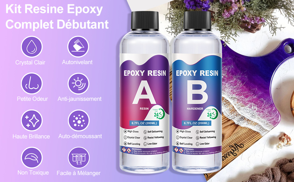 AOLLEN Resine Epoxy Transparente 2 Parts 400ml, Kit Résine Epoxy 1 1