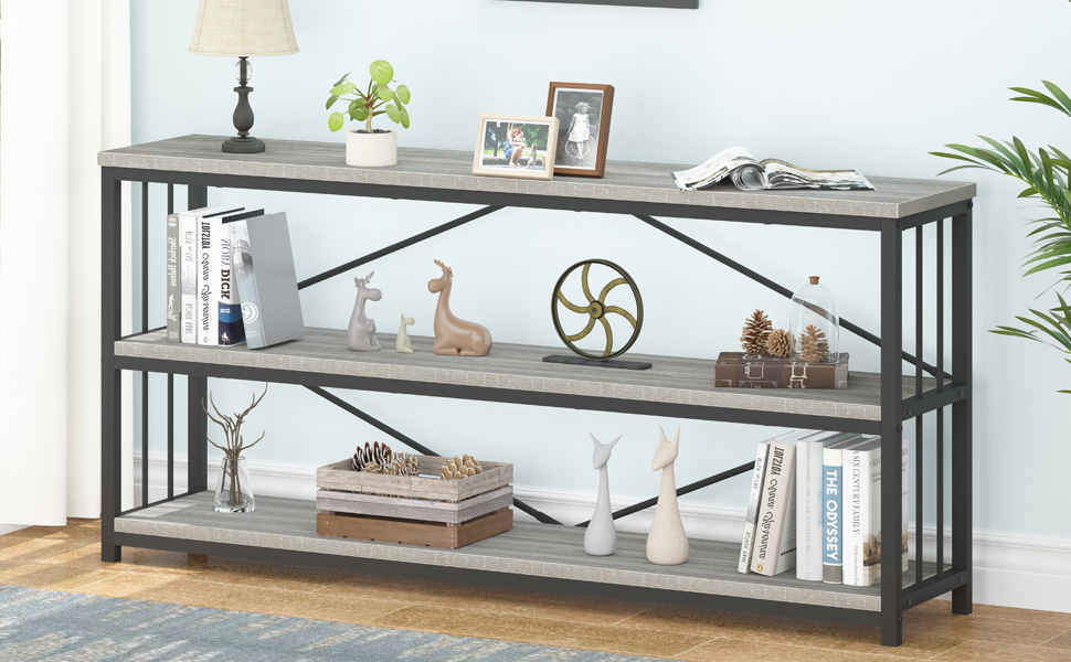 IBF Low Long Horizontal Bookshelf, Industrial Modern 3 Tier