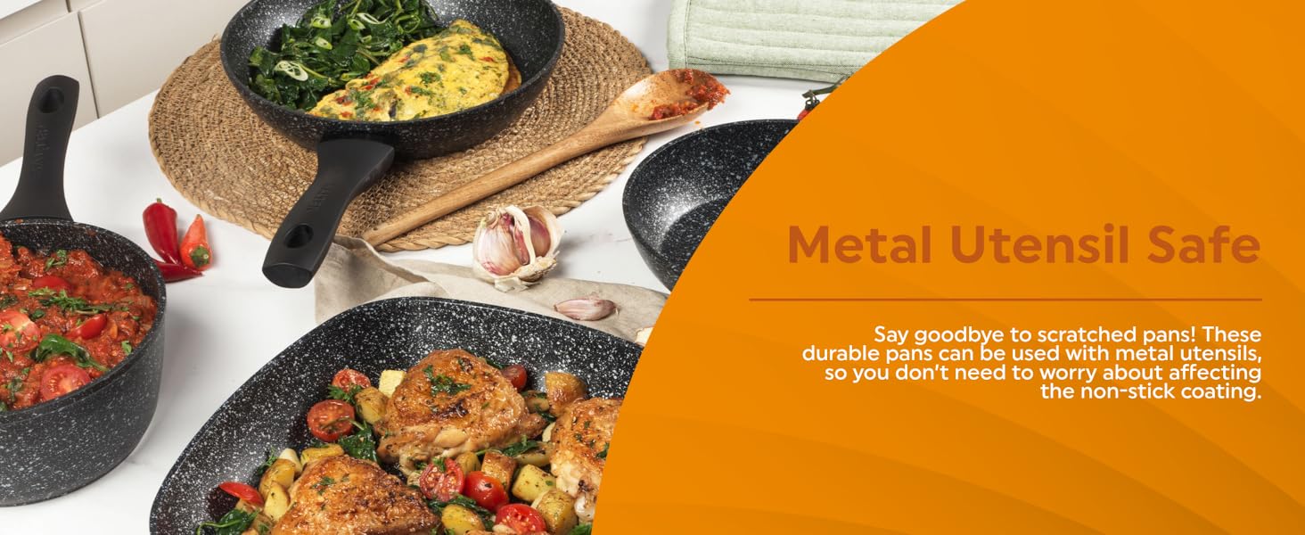 Stone-coated frying pans with various dishes, including vegetables and meat. A cork trivet and wooden utensils are visible. Text mentions 'Metal Utensil Safe'.