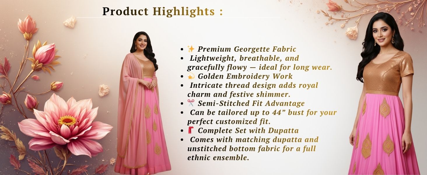 Premium georgette fabric with golden embroidery – Typify semi-stitched Anarkali suit highlights
