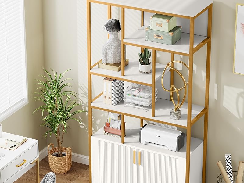  tribesigns gold bookshelf with door, tall etagere bookcase with storage cabinet shelf