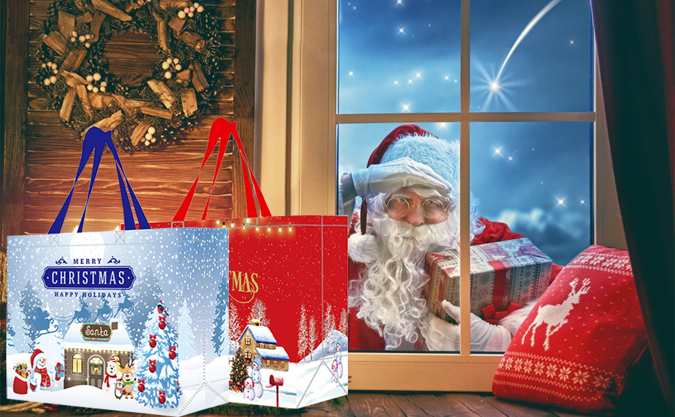 christmas gifts in a window