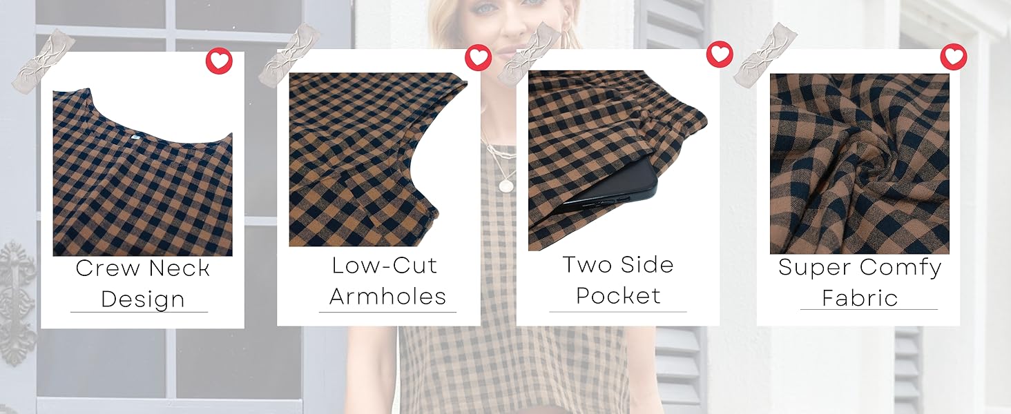 Checkered sleeveless top features crew neck, low-cut armholes, side pockets, and comfortable fabric. Four panels show different aspects of the garment's design and construction.