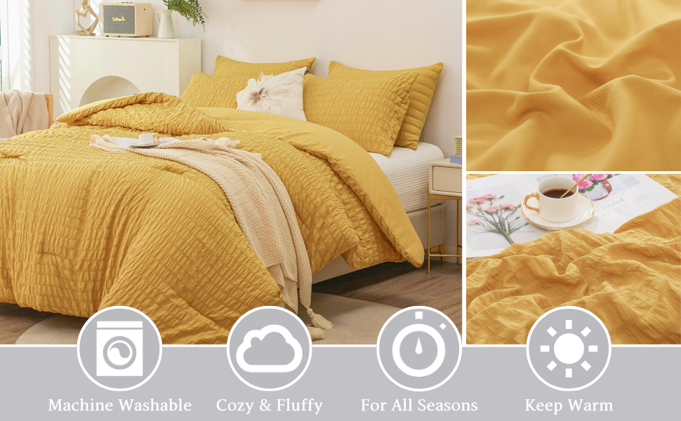 Haowaner Mustard Yellow Comforter Set King, 3Pcs Yellow