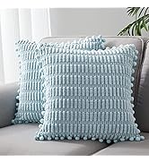 Topfinel Aqua Blue Decorative Throw Pillow Covesr with Cute Pom-poms,Cozy Corduroy Striped Square...