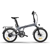 Compact folding electric bicycle with gray frame, black components, and yellow accents. Features include disc brakes, rear rack, and integrated lights. 20-inch wheels with reflective strips on tires.