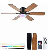 52inch Brown Ceiling Fans with Lights and Remote/App Control, Low Profile Ceiling Fan with Light ...