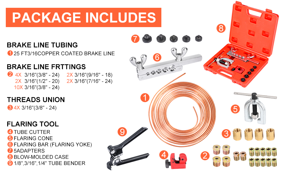 3/16" Brake Line Kit 25 FT 3/16" Copper Coated Brake Line (With 16 Brake Line Fittings and 4
