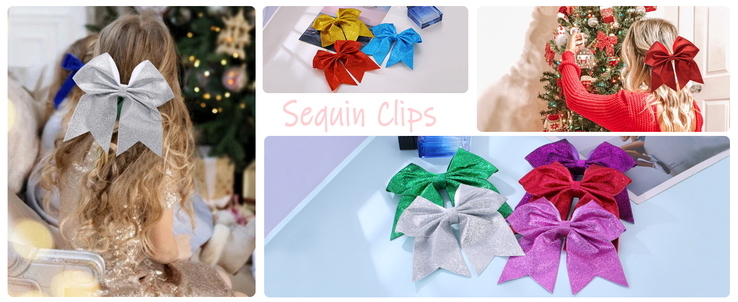 KISZU Hair Clips, Large Big 7inch Sequin Glitter Cheer Bow
