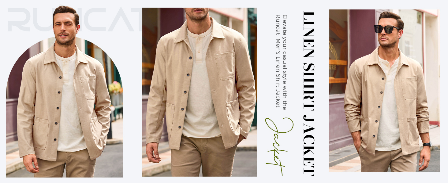 Mens Linen Shirt Jacket Button Down Long Sleeve Shacket Casual Lightweight Jacket Coat