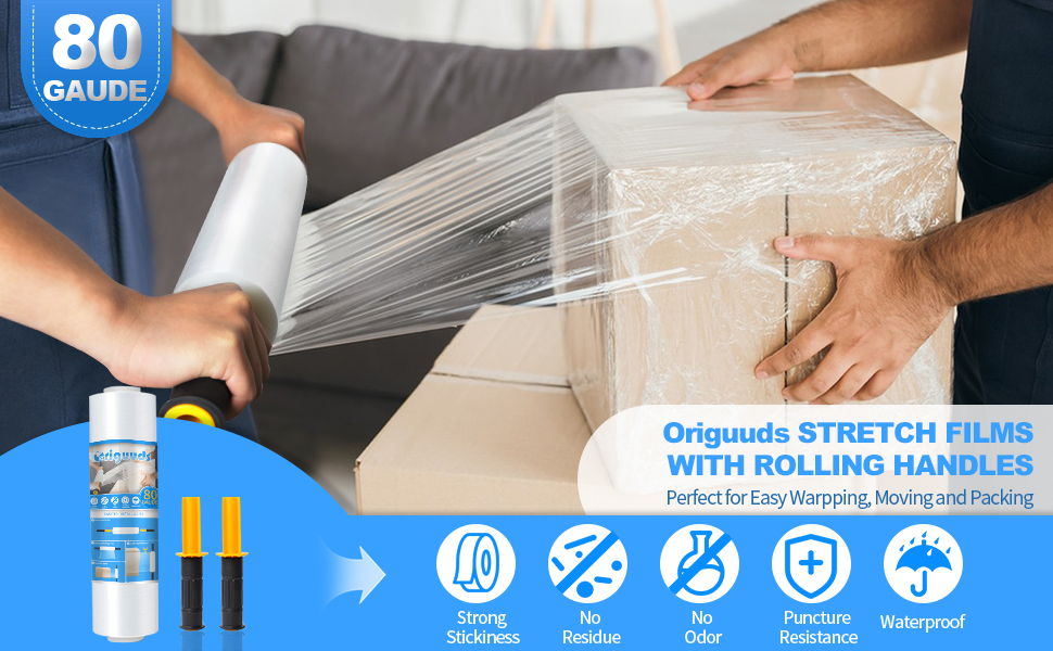 Origuuds Stretch Film, 80 Gauge Stretch Wrap with Handles