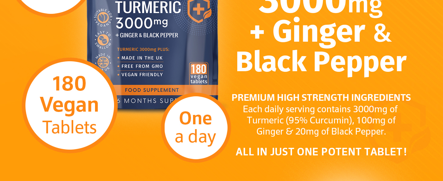 3000mg of Turmeric 95% Curcumin plus Ginger and Black Pepper x180 Vegan tablets, max strength.