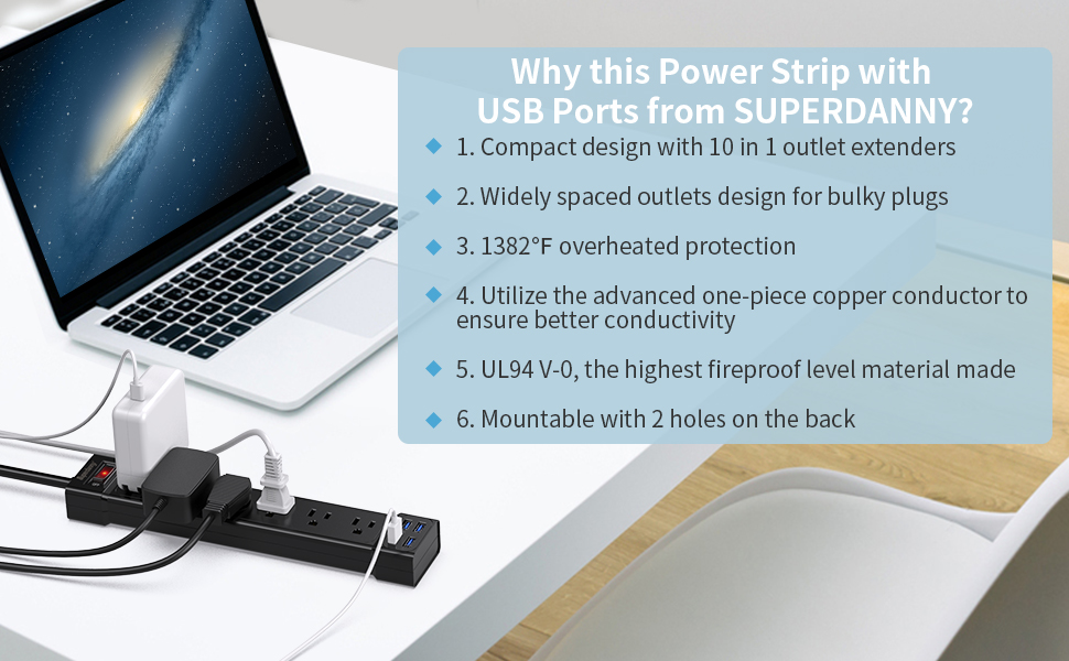 Surge Protector Power Bar, 6 Outlet & 4 USB Ports, SUPERDANNY Power