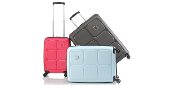 Tripp New World Suitcases. Left Side Rouge, Right Side Stone, Front Ice Blue