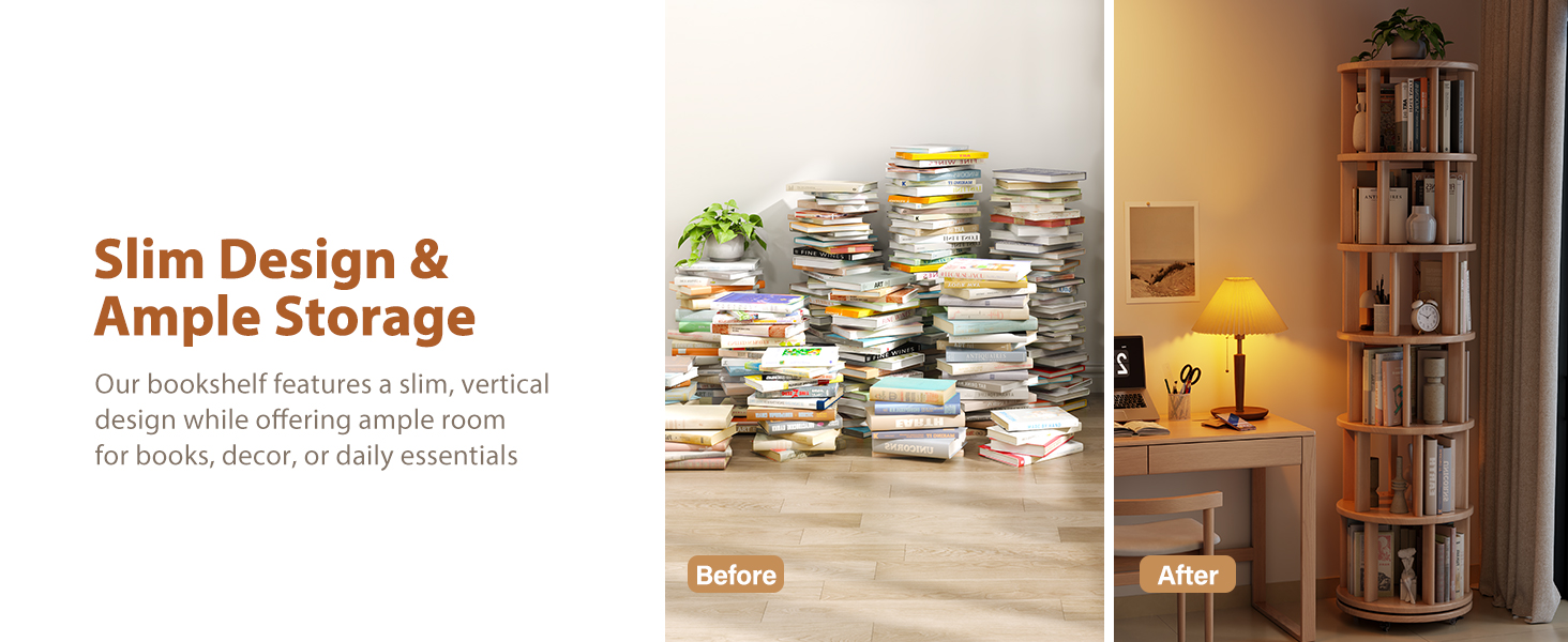 before after comparison transform piles books into organized space saving compact swivel bookshelf