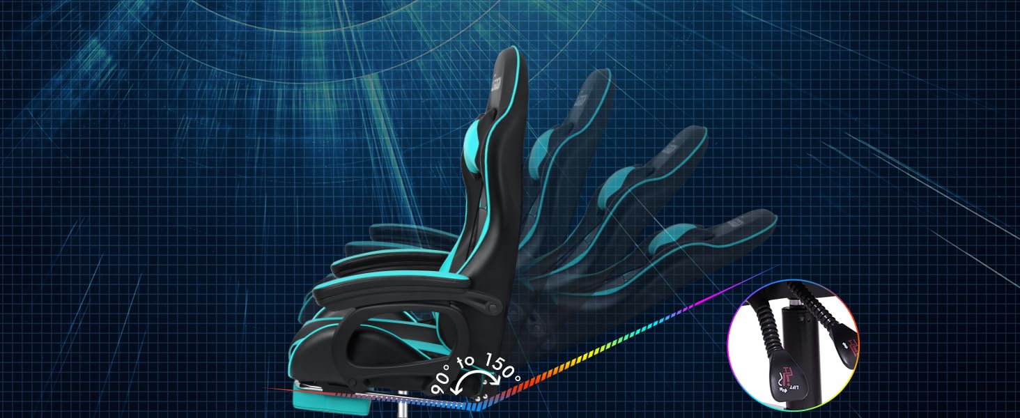 ELFORDSON Gaming Chair Lumbar Massage With Footrest, Cyan & Black 14 3-3