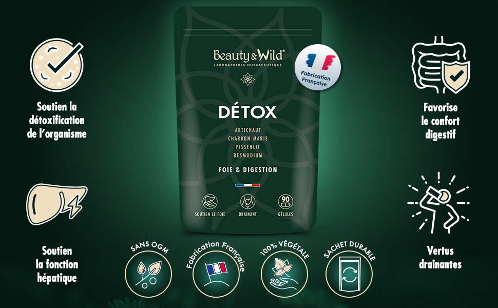 Emballage vert pour le produit Detox avec l'icône du drapeau français, avec plusieurs icônes circulaires affichant les avantages du produit et les instructions d'utilisation
