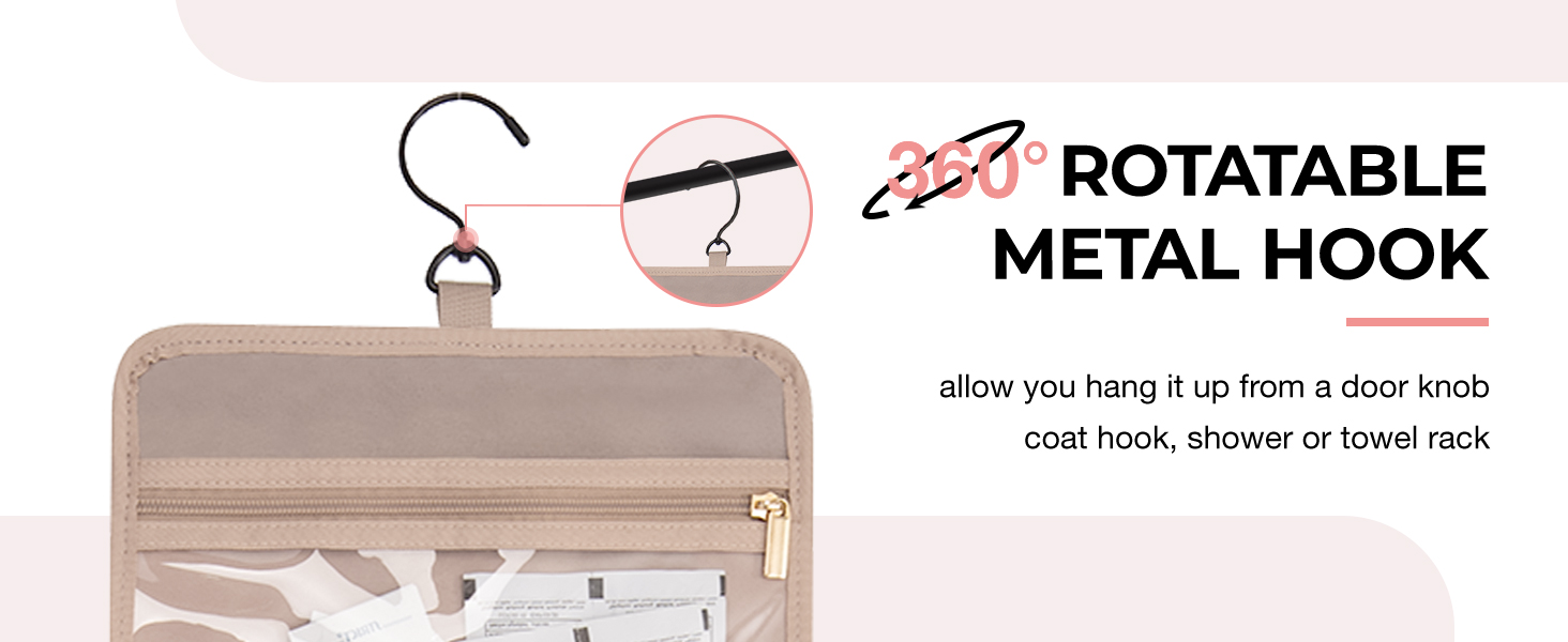 Close-up of a beige toiletry bag featuring a rotatable metal hook mechanism that allows hanging from door knobs, hooks, or towel racks.