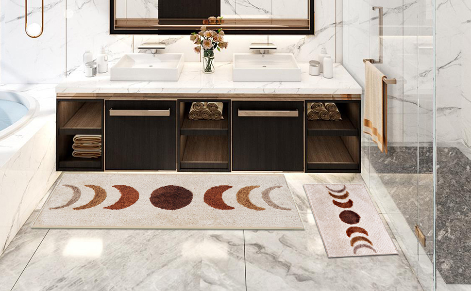 Boho Bathroom Rugs Runner NonSlip Moon Phases Microfiber Bohemian Bath