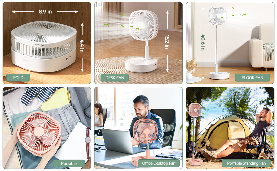 Foldable Oscillating Fan Portable Pedestal Fan, 7200mAh USB