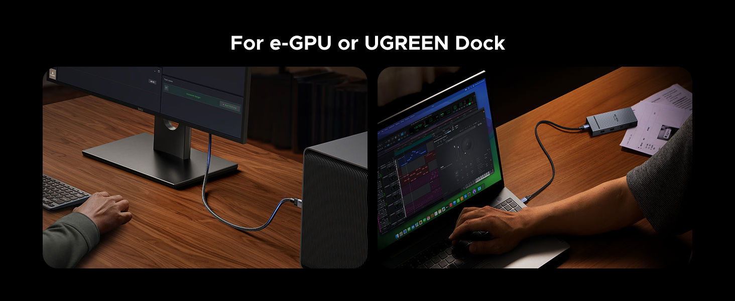 Text reads 'For eGPU or UGREEN Dock'. Dark photo showing computer setup with monitors and hardware in low-light conditions.