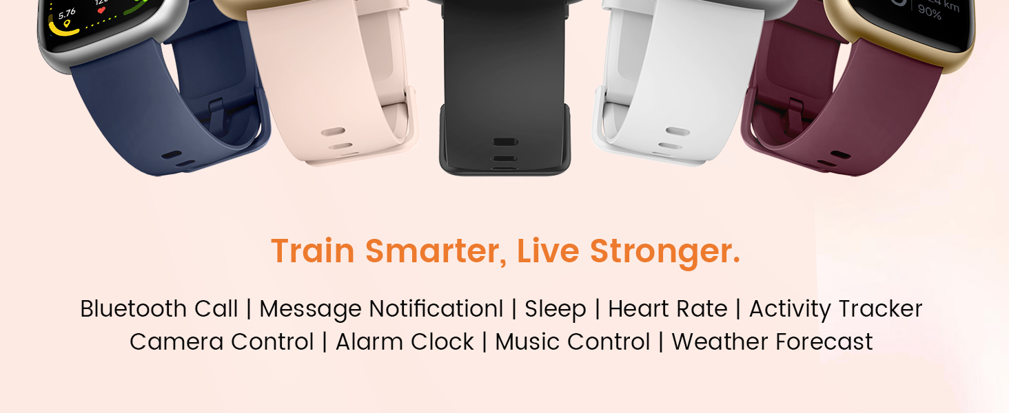 Text reads 'Train Smarter, Live Stronger'. Row of fitness devices shown in multiple colors including navy, pink, and burgundy.