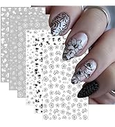 6Sheets Summer Flower Nail Art Stickers Black White Flower Nail Decals 3D Self Adhesive Nail Deca...