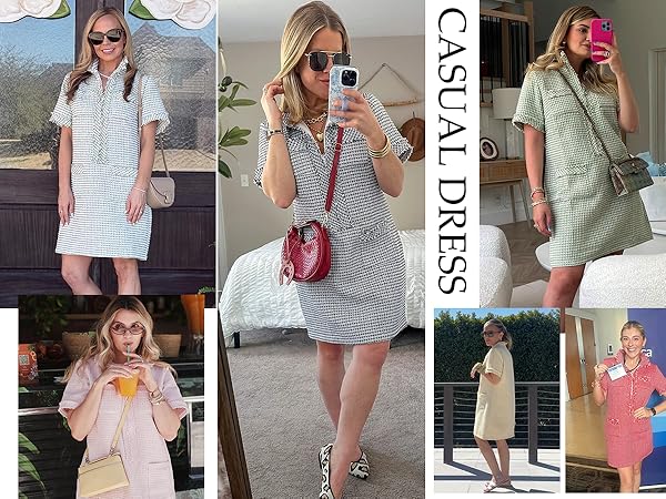 COZYPOIN Womens Tweed Mini Dress Elegant Front Half Zipper