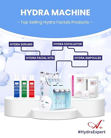 A+ hydra machine products like hydrafacial hydra set of serums exfoliator salon and clinic use