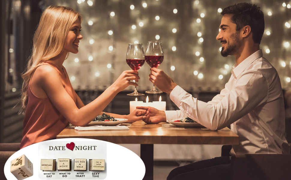 Couple toasting wine glasses at a table with romantic lighting. Product icons below show date night activities: dining, dancing, movies, and gifts.