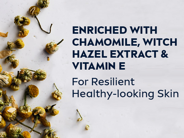 Enriched with Chamomile, with hazel extract and Vitamin E for healthy looking skin