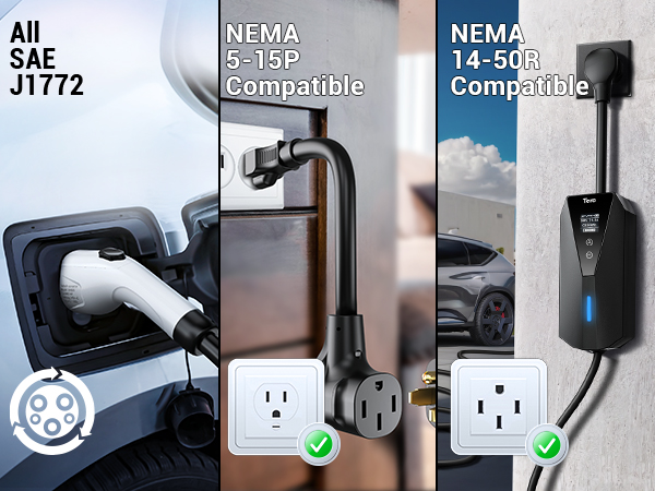 Tera EV充電器 J1772 NEMA 5-15P 3KW Tera for Tesla EV Charger Level 1 + 2 J1772: 5 Years