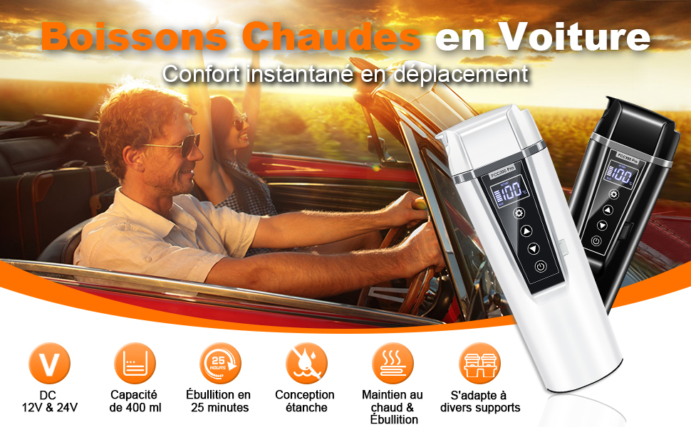 pour un chauffe-boissons pour voiture montrant un appareil de chauffage blanc avec affichage numérique, à côté d'icônes indiquant les spécifications de puissance et le temps de chauffage.