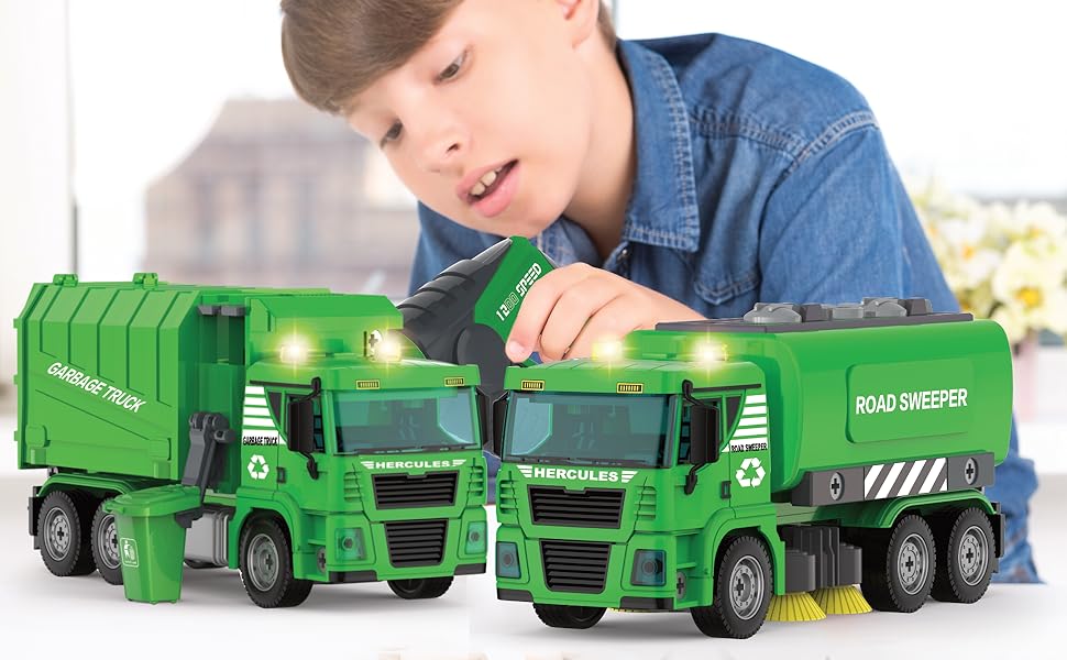 Boy builds 2 garbage trucks