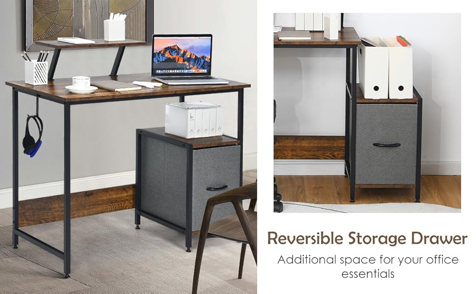 COSTWAY Computer Desk With Side Storage Drawer, Movable Monitor Stand And Hook, Industrial PC Laptop Table Writing Workstation, Home Office Bedroom Work Study Desk 13 3