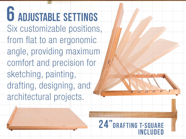 U.S. Art Supply 26x21 adjustable wood drawing board with 6 angles, pencil ledge, T-square, beechwood