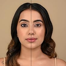 Split-screen comparison of a woman's face, showing differences in makeup application and skin texture between left and right sides.